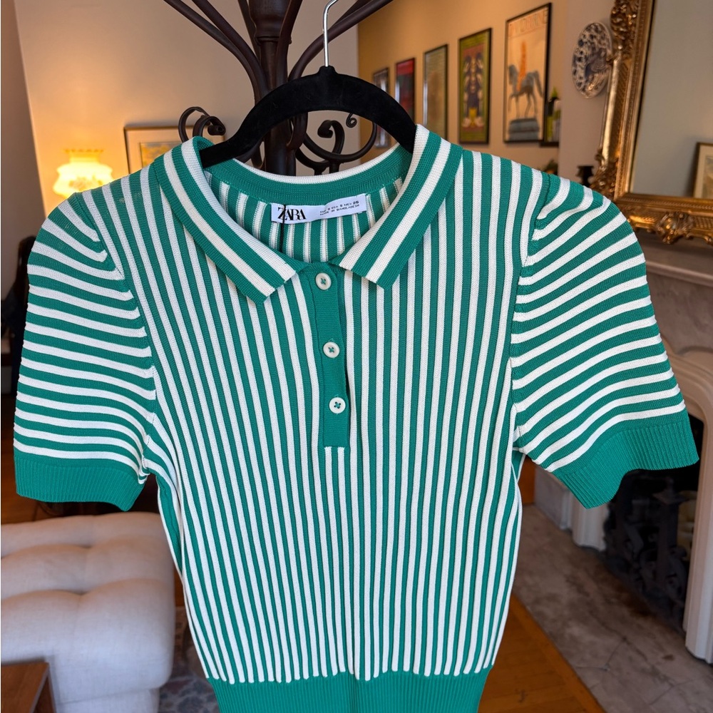Zara Green and White Striped Short Sleeved Polo Sweater NWT